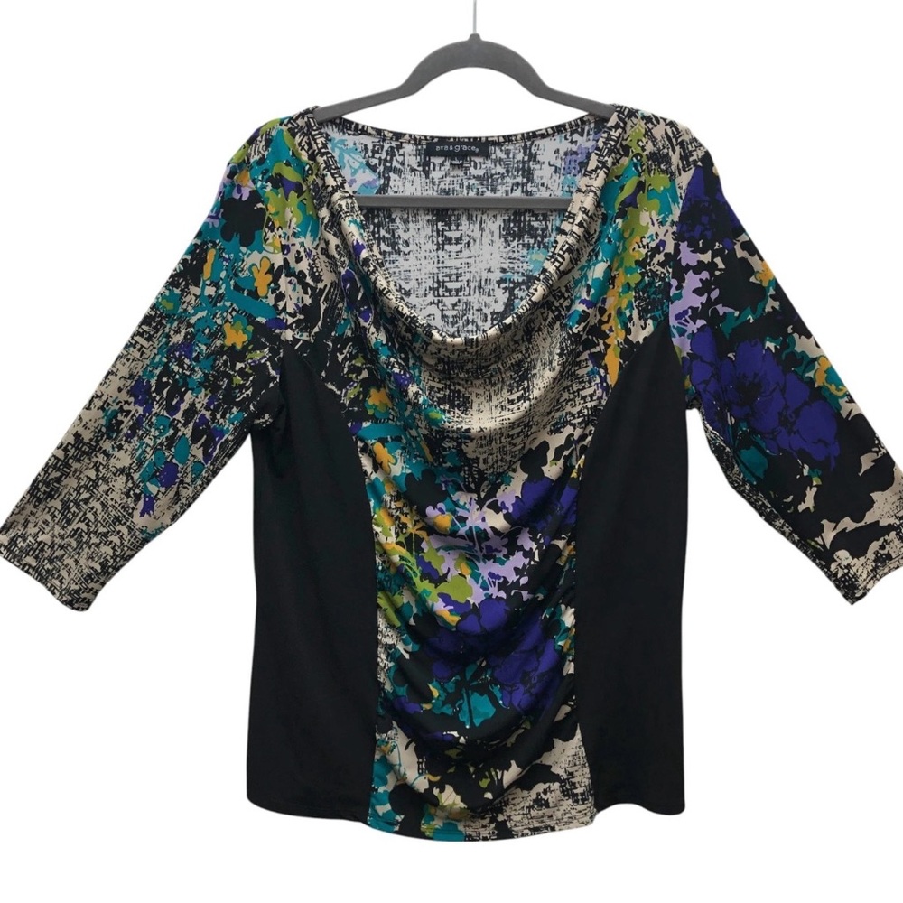 Ava & Grace Shirt Womens Large Cowl Neck 3/4‎ Sleeve Abstract Print Top Pullover